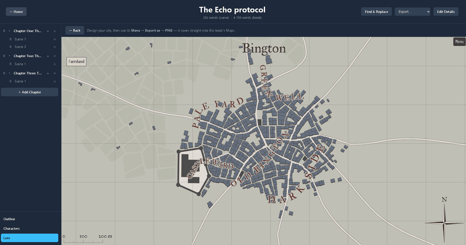 Quillen city map generator showing a generated settlement with streets and walls